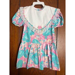 Vintage Girls Easter Dress Floral Pink Lace Trim Bibbed Collar 5 Roanna